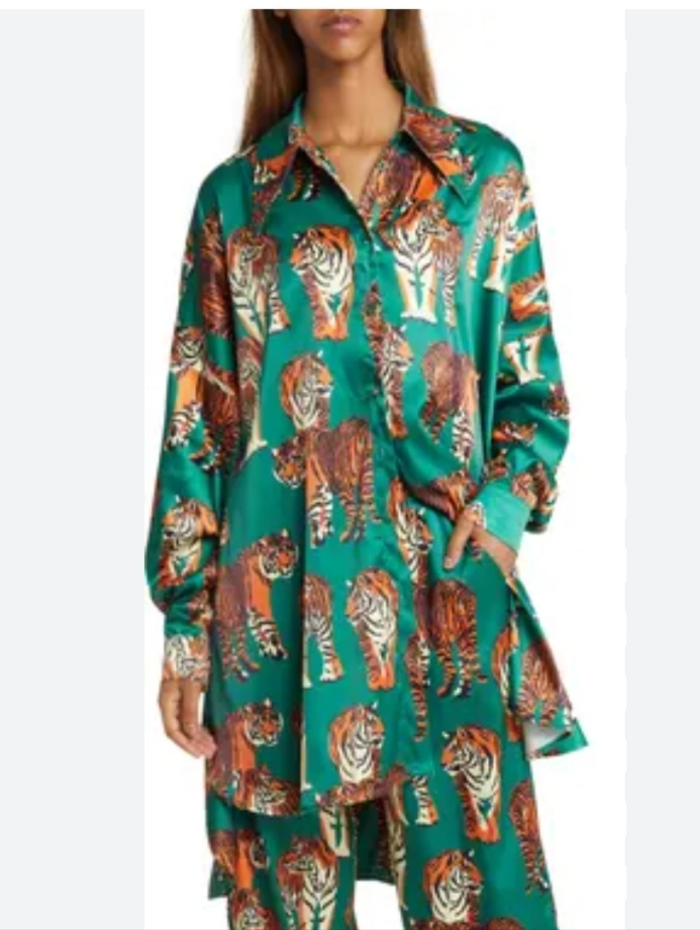 DRESS IN LALA TIGER PRINT ROYAL SATIN TOP IN EMERALD SIZE XXL NWOT